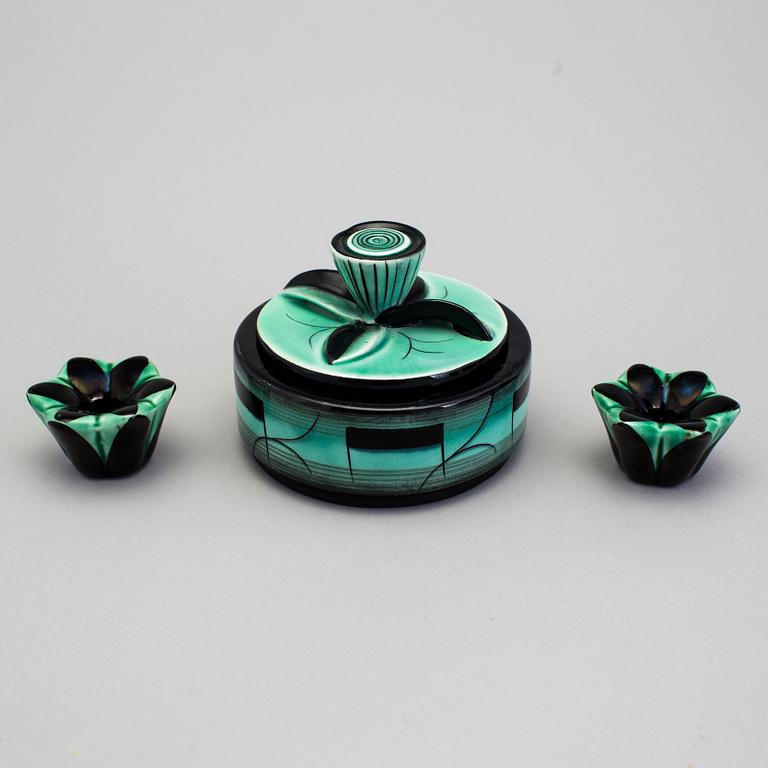 A lidded jar and two candlesticks of the V series, Ilse Claesson, Rörstrand 1930´s.