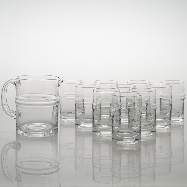 TIMO SARPANEVA, set of 10 drinking glasses and a jug, 'Ripple' 2054 for Iittala.