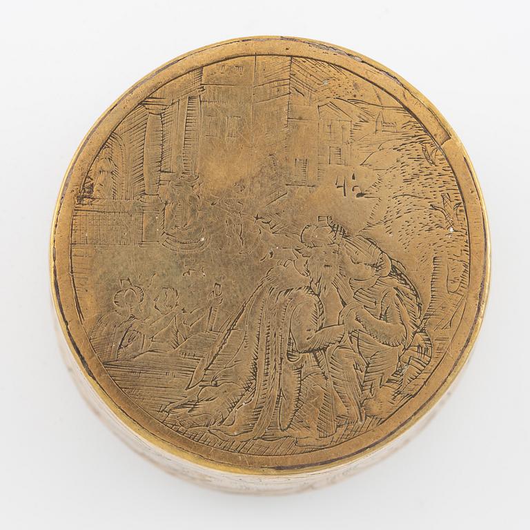 A presumably German baroque brass box, dated 1686.