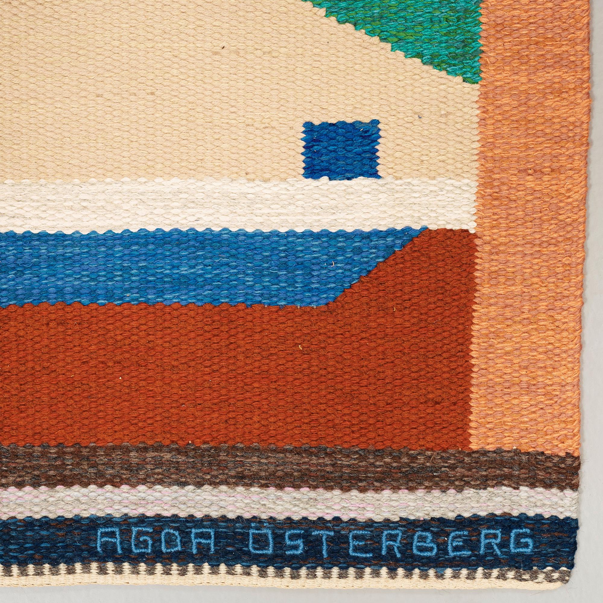 CARPET. "Matta nr 365". Flat weave. 337 x 182 cm. Woven signature AÖ as well as AGDA ÖSTERBERG embroidered.