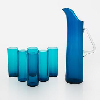 Nanny Still, a glass jug, model 1743, and drinking glasses 6 pcs, "Harlequin" Riihimäki Glassworks.