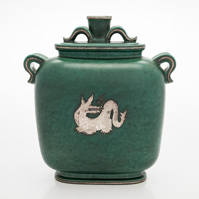 Wilhelm Kåge, urna med lock, stengods, "Argenta", Gustavsberg.