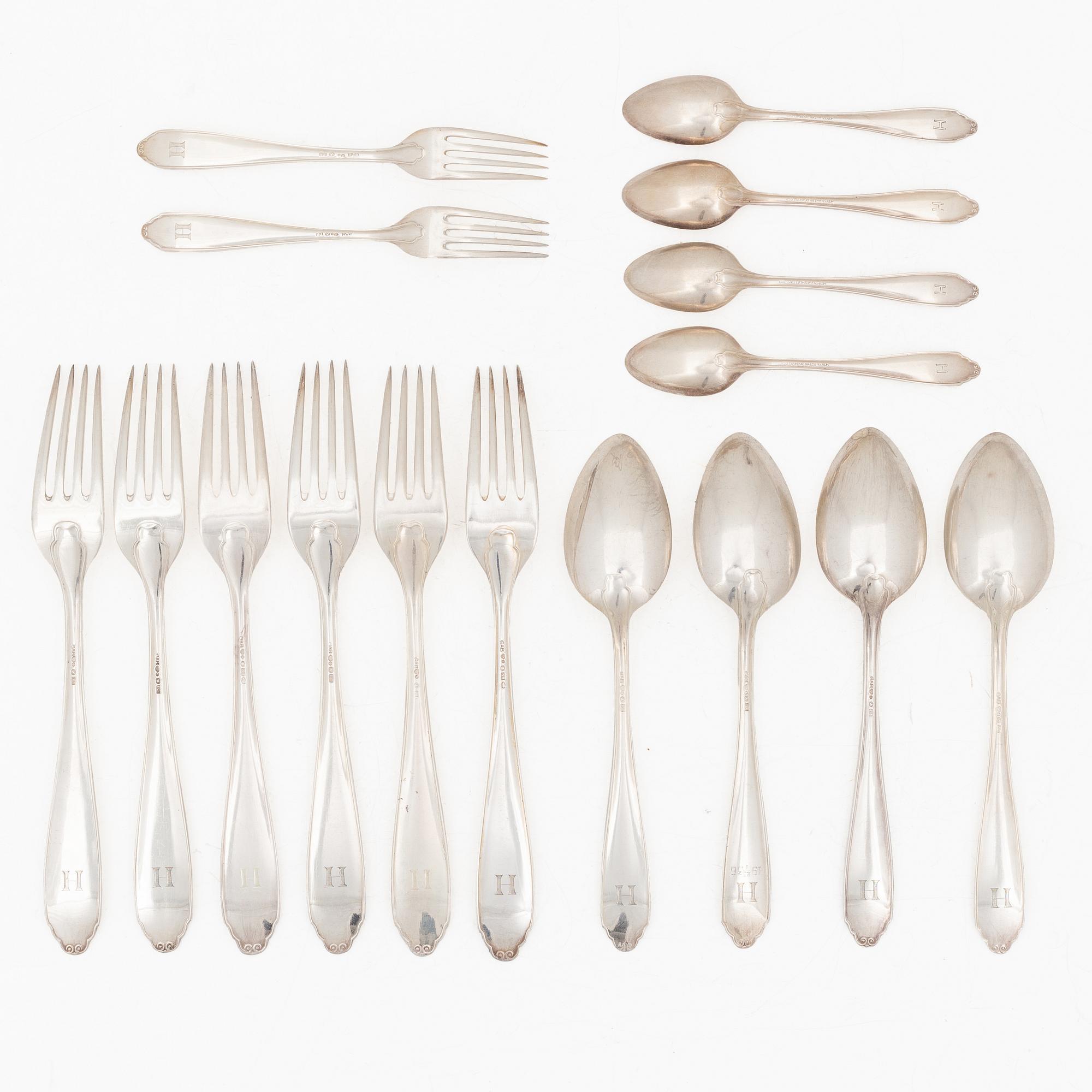 Guldsmedsaktiebolaget (GAB), Bestickdelar, 16 st, silver, modell Vasa, Stockholm 1939.