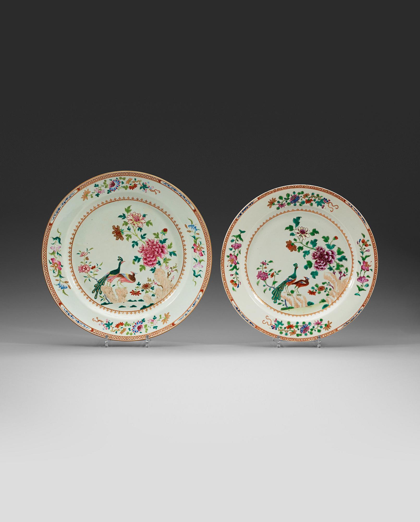Two large famille rose 'double peacock' serving dishes, Qing dynasty, Qianlong (1736-95).