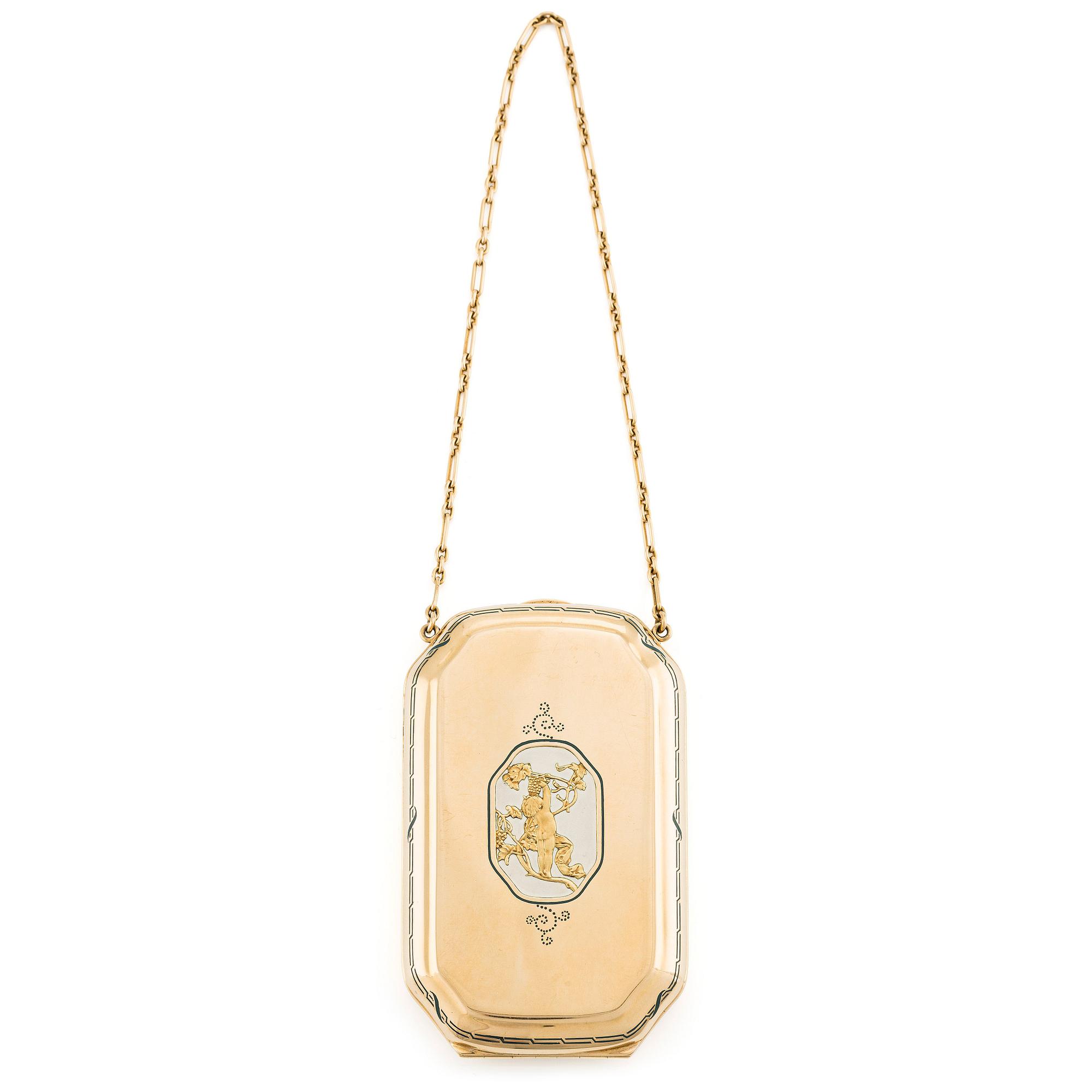 W.A. Bolin, aftonväska, "Minaudière", guld 18K och emalj, Stockholm 1920.