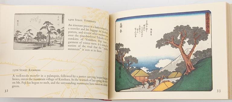 Solfjädrar, två stycken samt album "Down the Emperors road with Hiroshige", Japan, 1900-tal.
