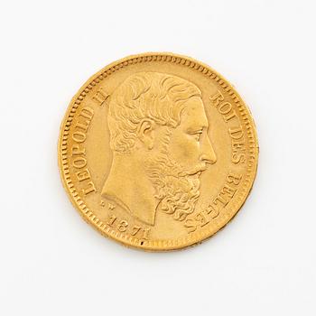 Guldmynt, Belgien, Leopold II, 20 Franc, 1871.