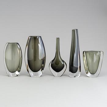 NILS LANDBERG, vaser, 5 st, Orrefors, signerade, 1900-talets mitt.