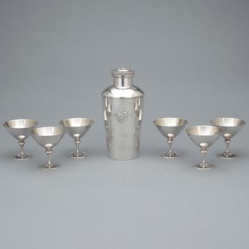 COCKTAILSHAKER samt GLAS, 7 delar, nysilver, GAB.