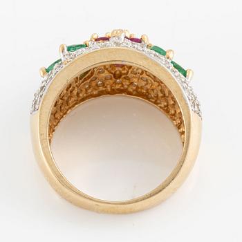 Ring, 14K gold with small brilliant-cut diamonds, emeralds, and pink stones.