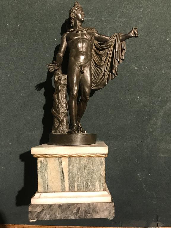 A bronze figure of the Apollo Belvedere on marble base, probably by  Righetti orZoffoli, Rome late 18th century.