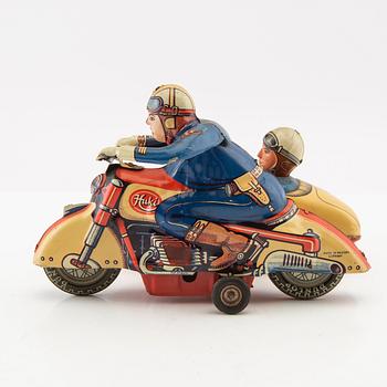 Toy motorcycle with sidecar. Huki Germany mid-20th century lithographed tin.