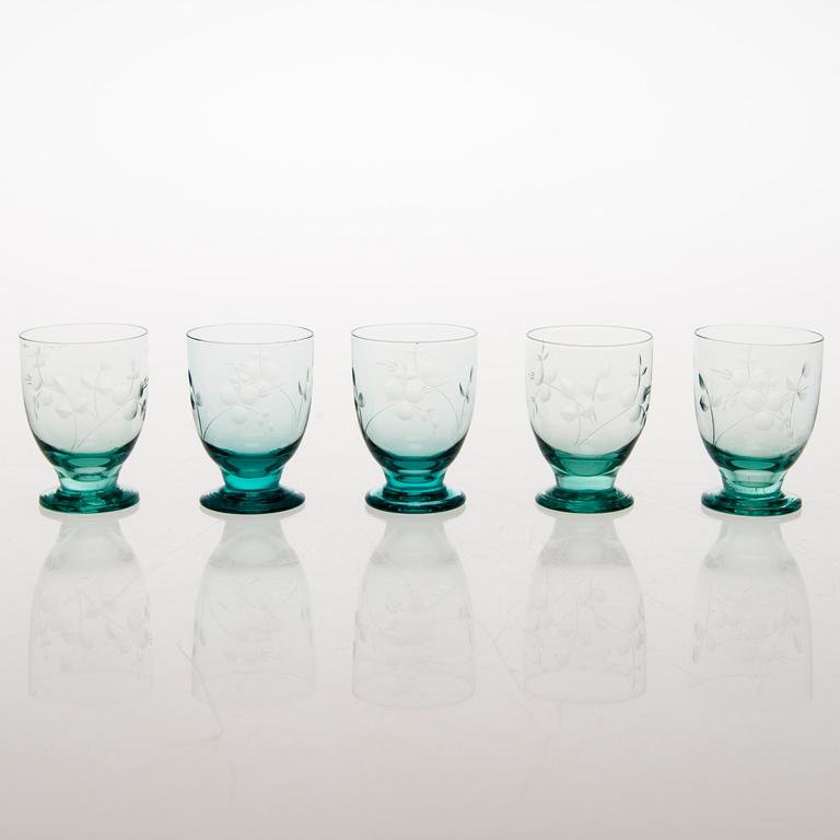 A set of five drinking glasses and a carafe from 1930s.