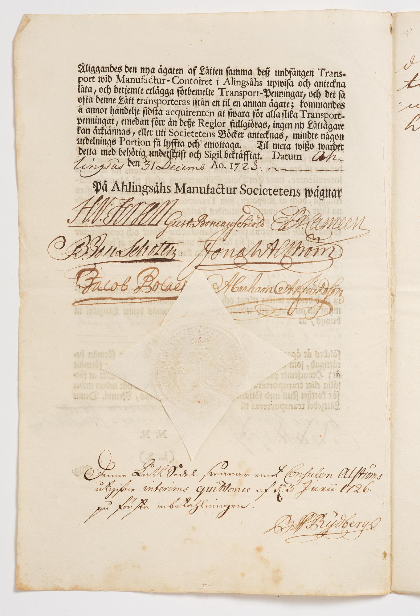 Aktiebrev, Ahlingsåhs Manufaktur Werk (Manufactur-Societet), No 43, 1728.