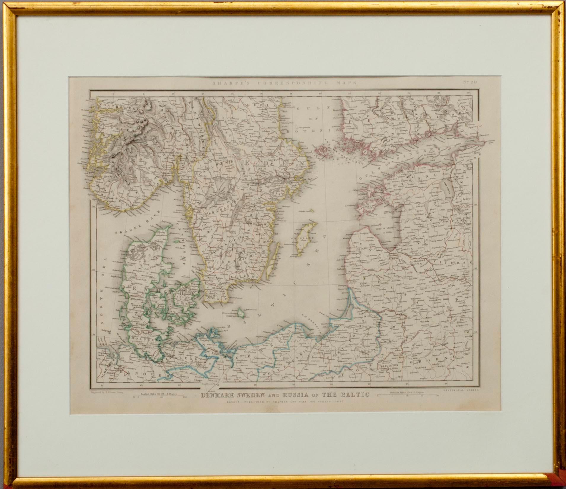 KARTA, gravör J. Wilson Lowry, Denmark Sweden and Russia on the Baltic, Chapman & Hall, London 1847.