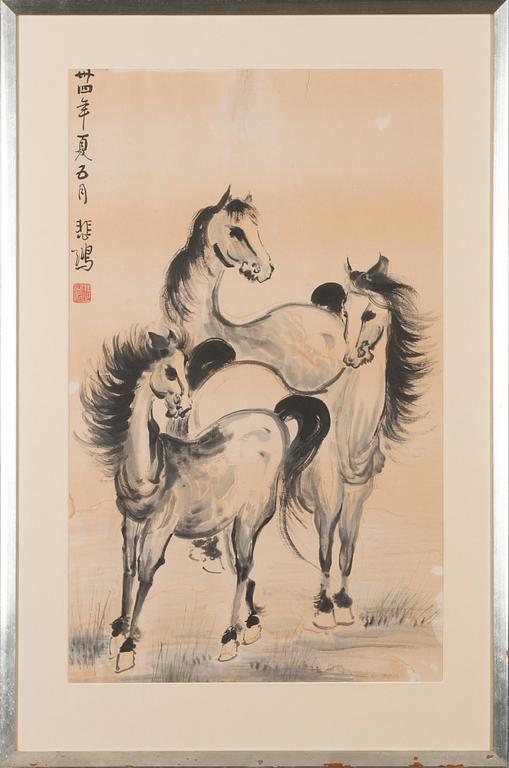 MAALAUS, XU BEIHONG (1895-1953). Hevosia, signeerattu ja päivätty taiteilijan sinetillä.