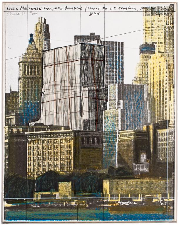Christo & Jeanne-Claude, "Lower Manhattan wrapped building, project for 2 Broadway, New York".