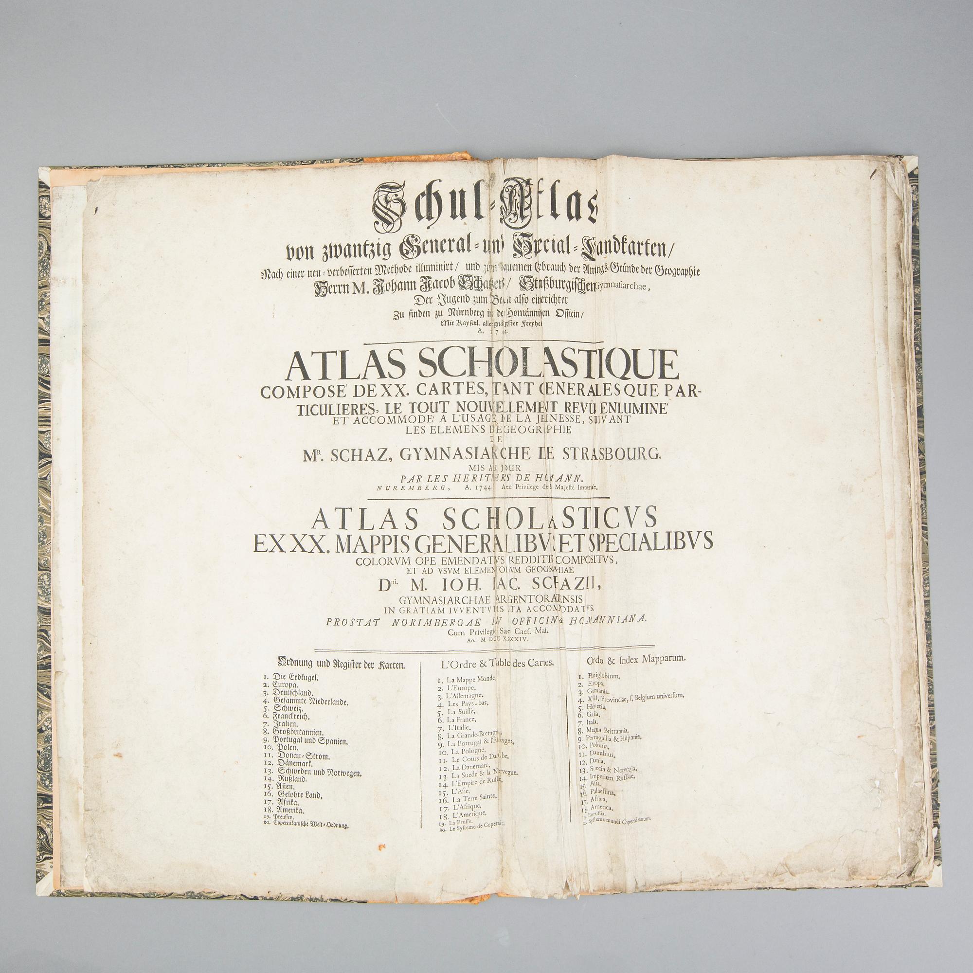 JOHAN BAPTISTA HOMANN/HOMANN HEIRS, Atlas book, Nürnberg,after 1737 med 15 maps (of 20). 1744.