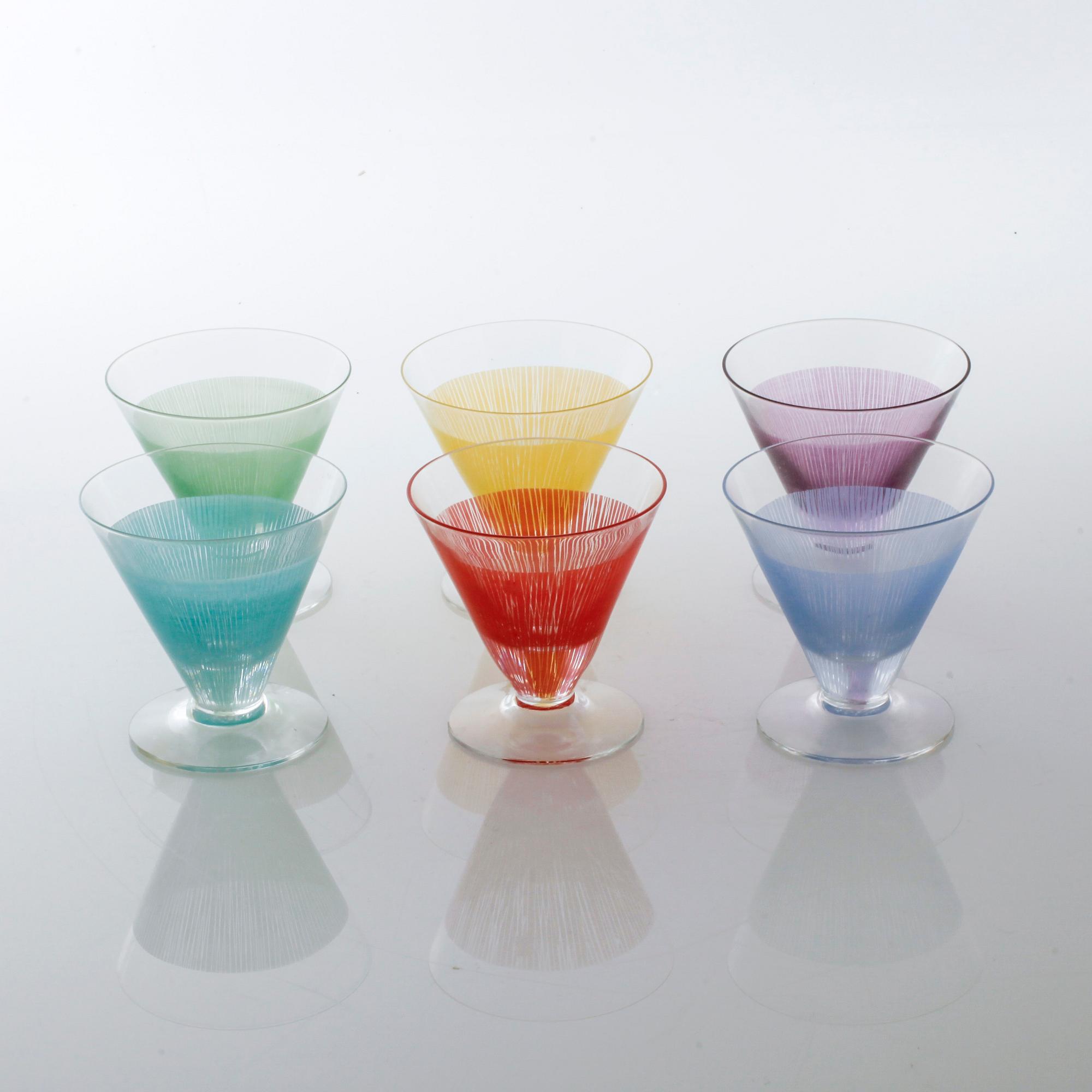 BENGT ORUP, 6 st, cocktailglas, "Stripe", Johansfors, 1950-tal.
