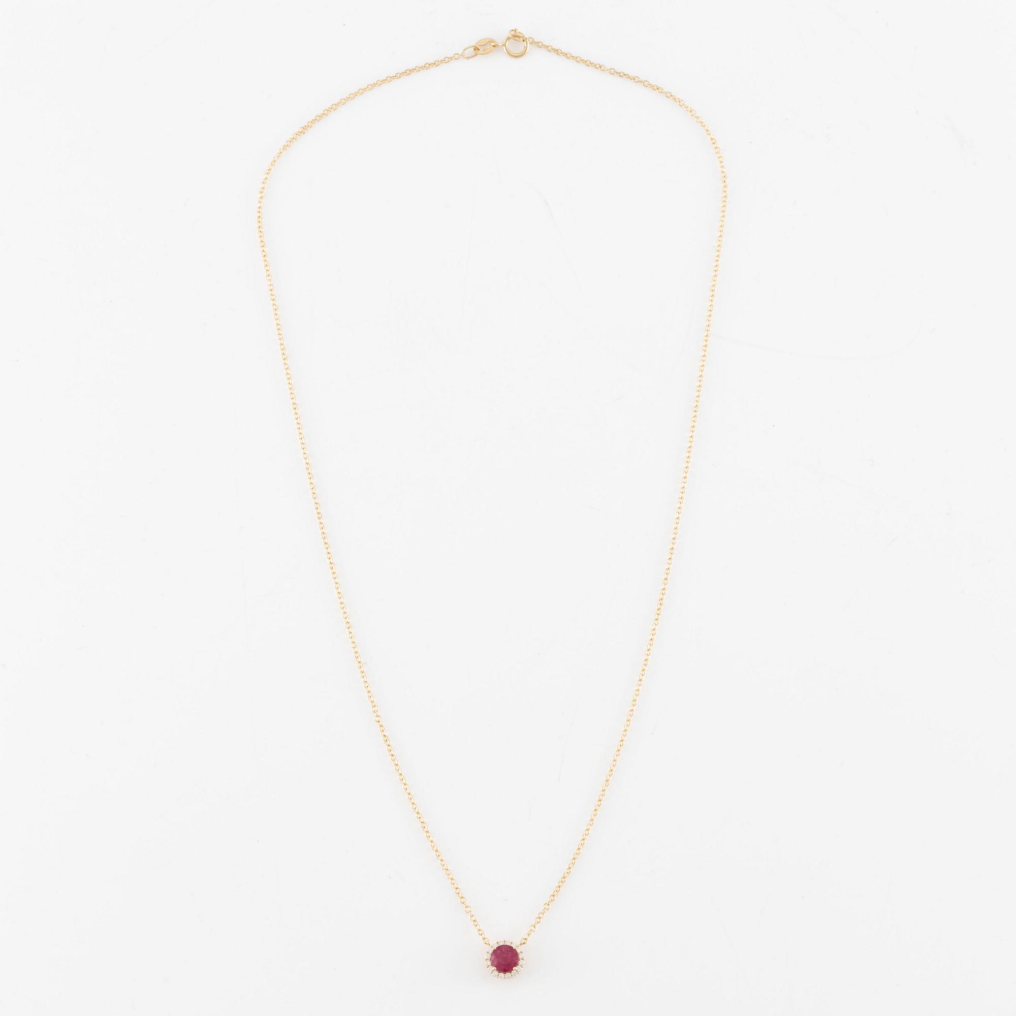 Necklace 18K gold with ruby and brilliant-cut diamonds.