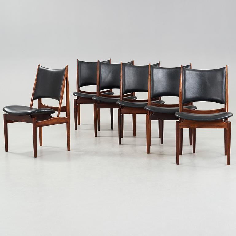 Finn Juhl, A set of six Finn Juhl 'Egyptian Chairs' in rosewood and black original upholstery, by Niels Vodder, Denmark 1950-60's.