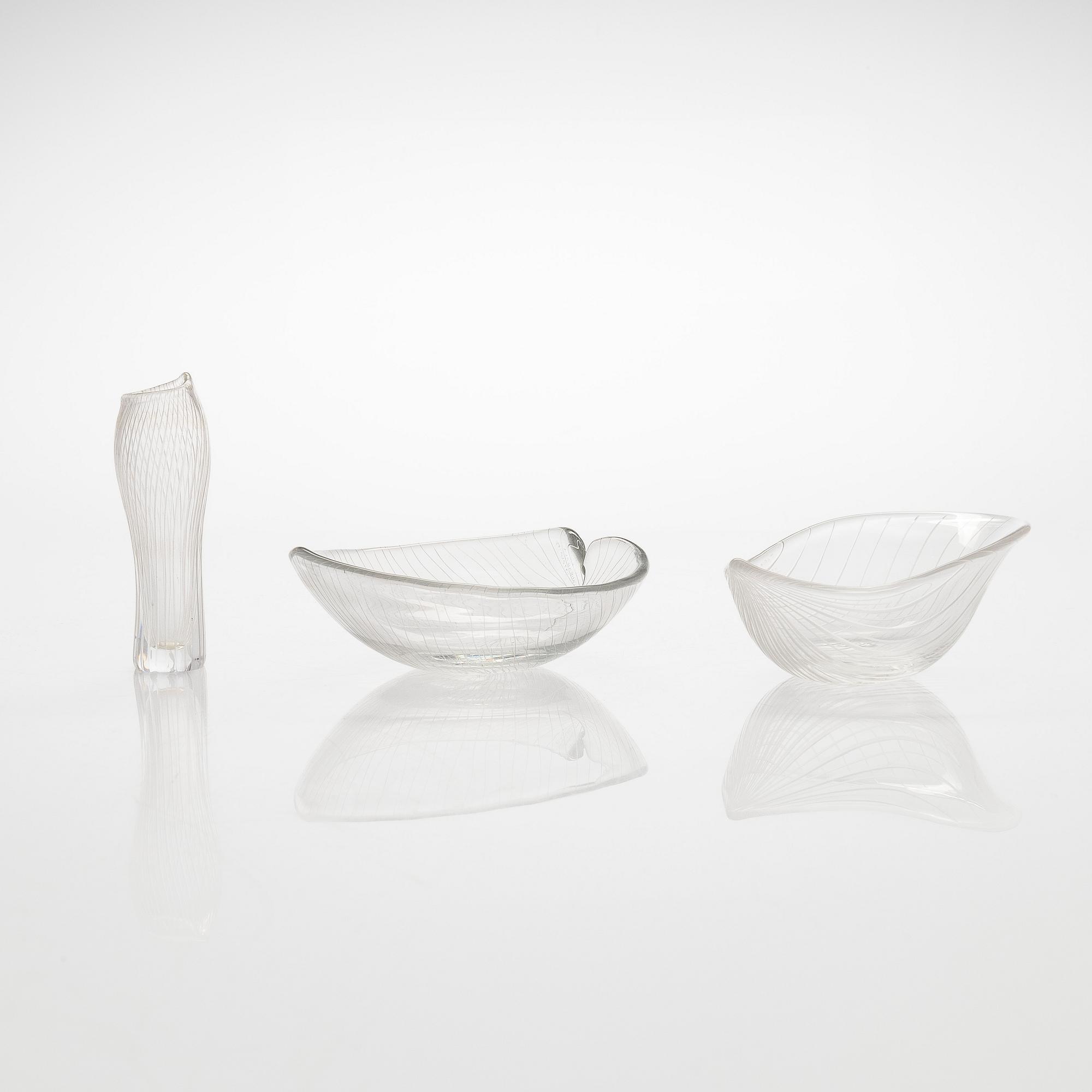 Tapio Wirkkala, a set of three mid-20th century, small line cut art glass objects, signed, Iittala.