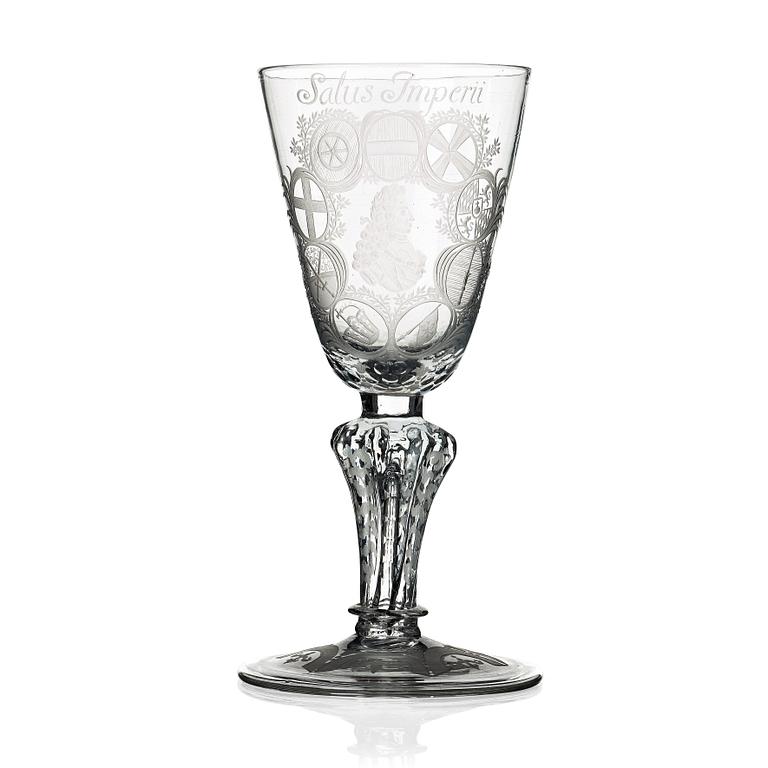 An engraved German glass goblet, 18th Century.