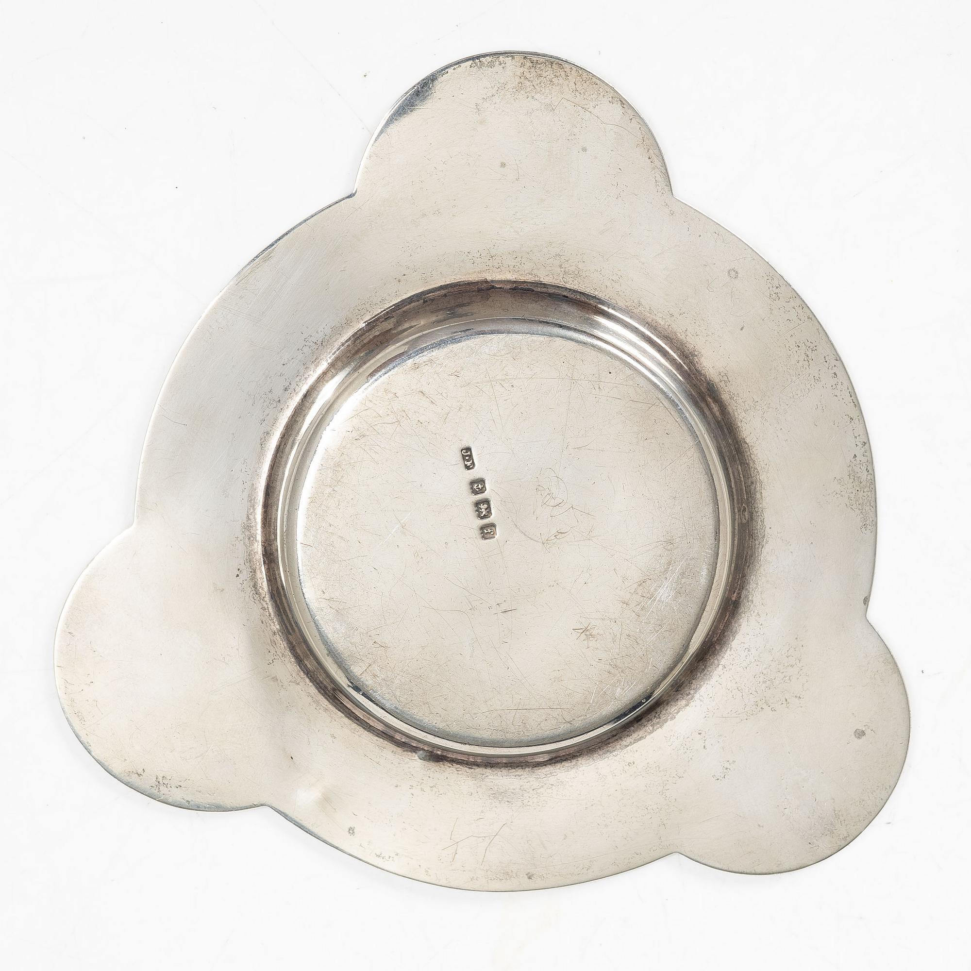 An English Arts & Crafts era silver and enamel dish, mark of James Fenton, Birmingham 1905.