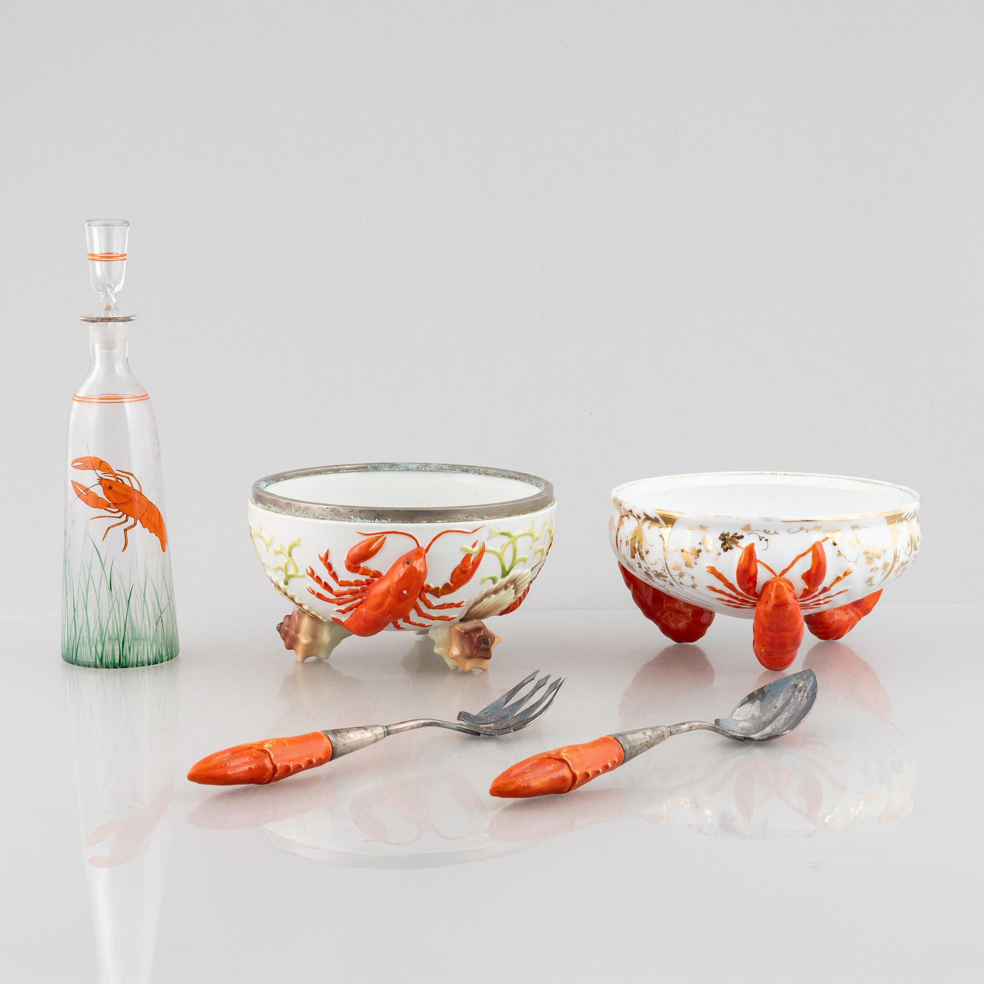 Two crayfish bowls, along with serving utensils and a carafe, late 19th to first half of the 20th Century.