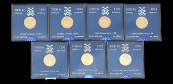 MYNT, 7 st, guld 900/1000, Sveriges Riksbank jubileumsmynt. Vardera 5,8 gram.