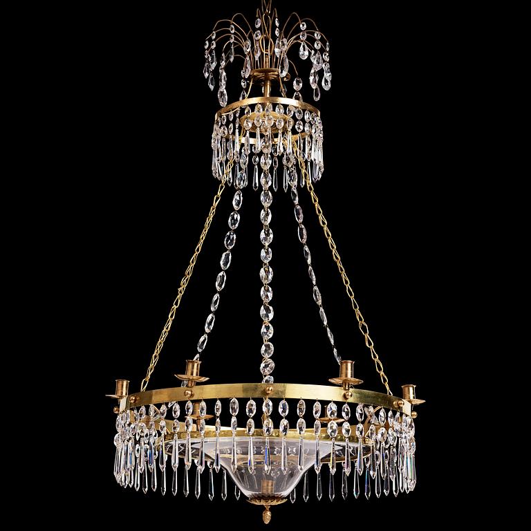A late Gustavian gilt brass and cut glass seven-light chandelier, late 18th century.