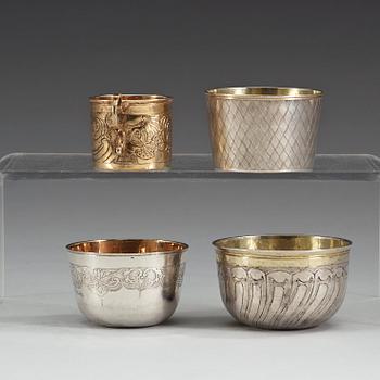 Four Russian 18th century parcel-gilt vodka-cups, unidentified makers marks, Moscow.