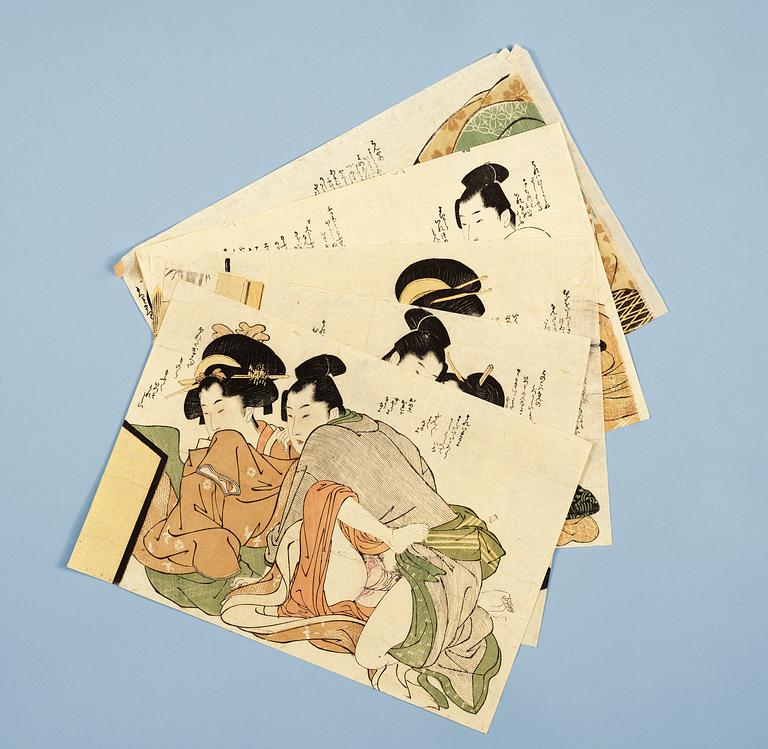 Utamaro, Five shunga woodblock prints, circa 1790-1805.