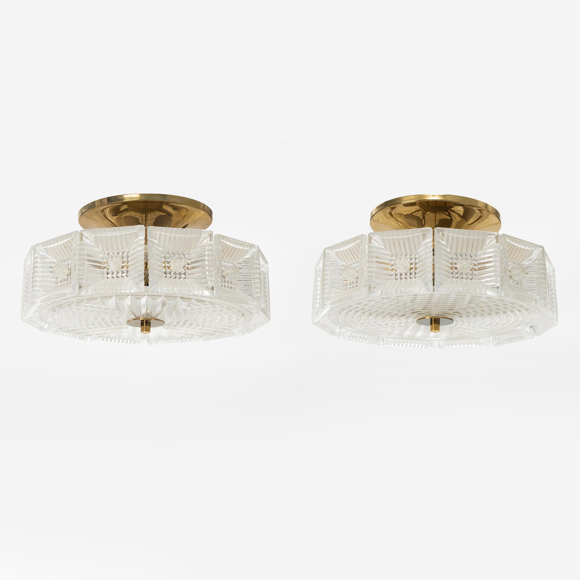 Carl Fagerlund, a pair of brass and glass ceiling lights, Orrefors.