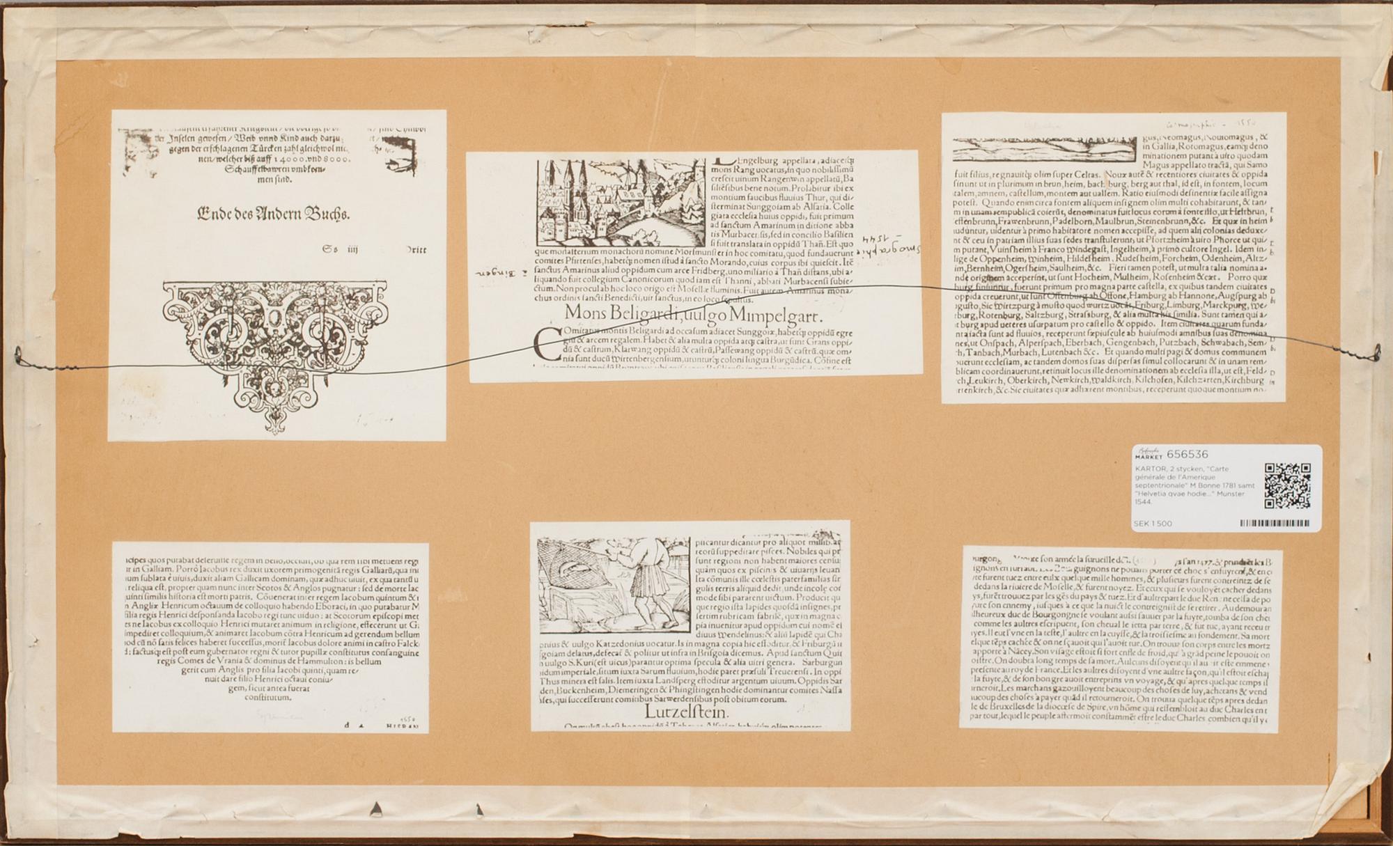 KARTOR, 2 stycken, "Carte générale de l'Amerique septentrionale" M Bonne 1781 samt "Helvetia qvae hodie..." Munster 1544.