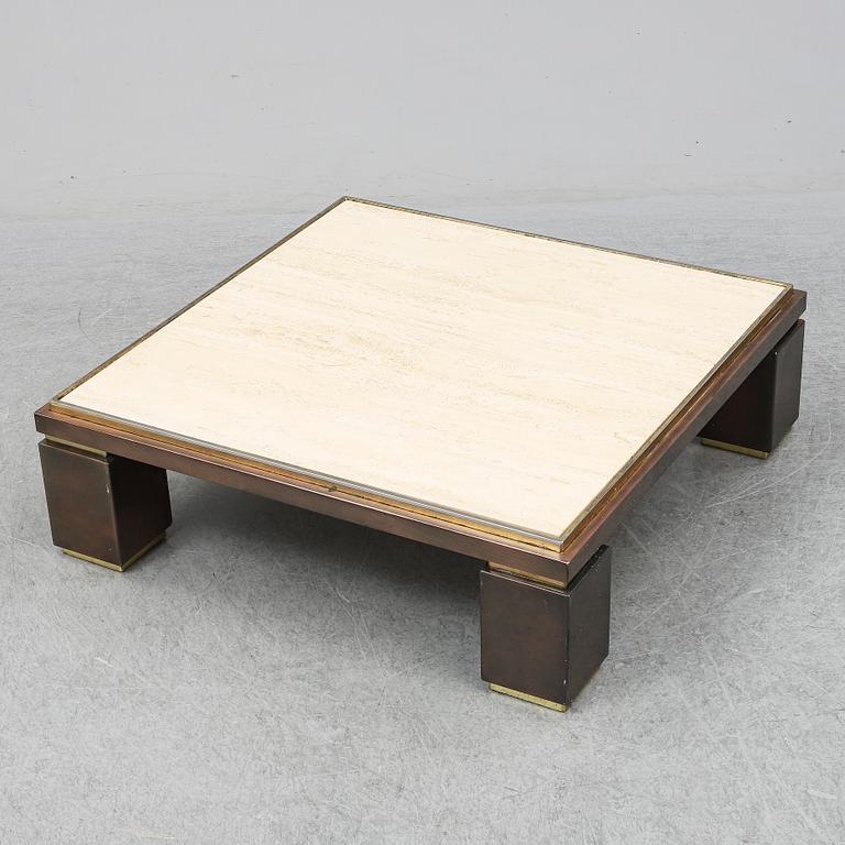 A travetine and brass sofa table, 1970s, probably Belgo Chrome.