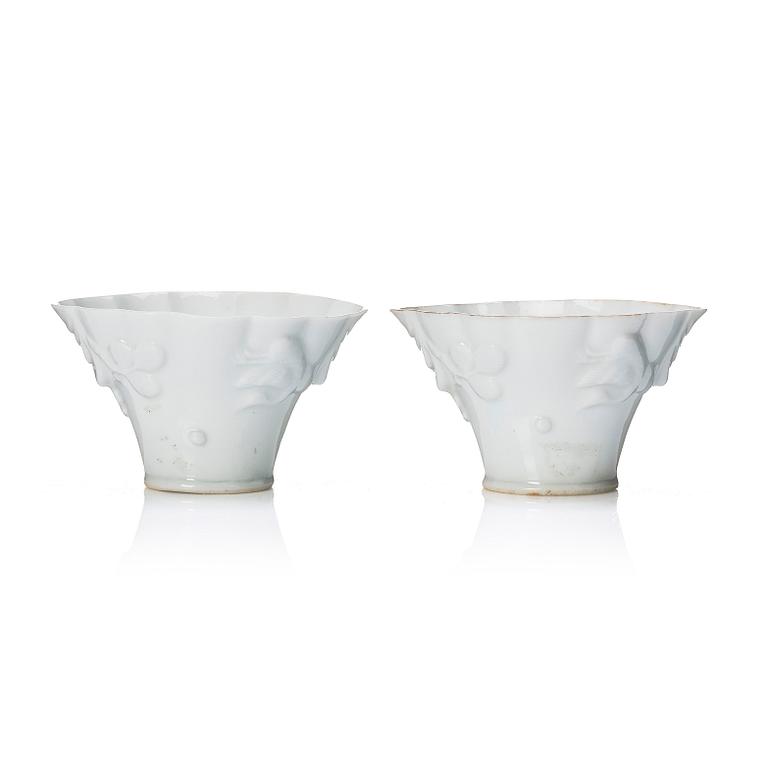 A pair of blanc de chine libation cups, Qing dynasty, 19th Century.