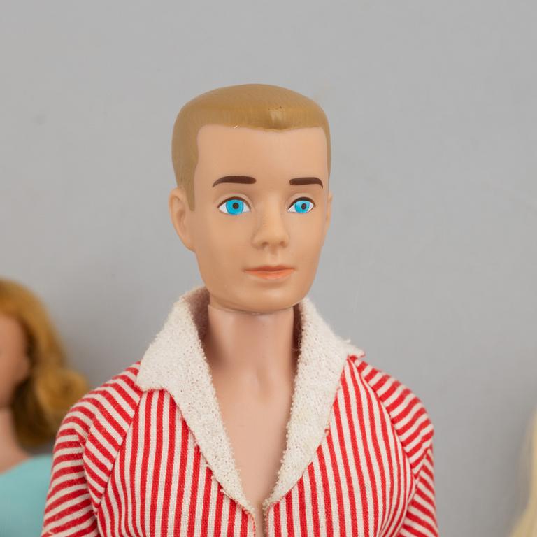 Barbiedockor, 5 st, bl a "Midge", "Skipper" & "Ken", Mattel, 1960-tal.