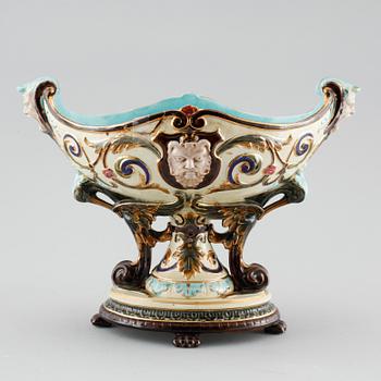 A majolica vase, a flower pot and a jardiniere from Rörstrand, around the year 1900.