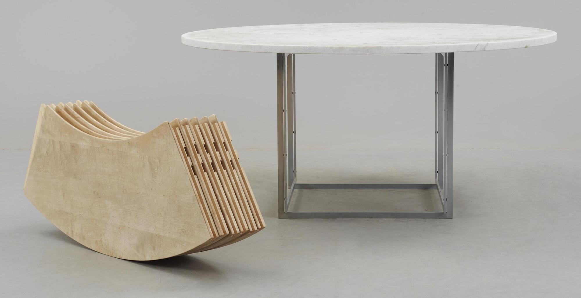 A Poul Kjaerholm marble top 'PK-54' dining table, Fritz Hansen, Denmark 1986.
