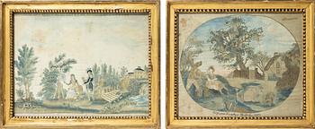 Sidenbroderier, 2 st, varav ett signerat, empire, tidigt 1800-tal.
