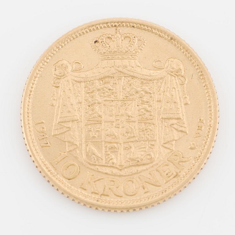 Gold coin Christian X Denmark, 10 kroner 1917.