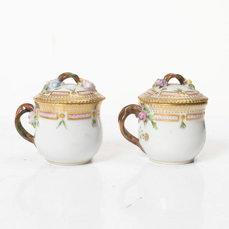 A pair of Royal Copenhagen 'Flora Danica' custard cups with covers and stands, Denmark, 20th century.