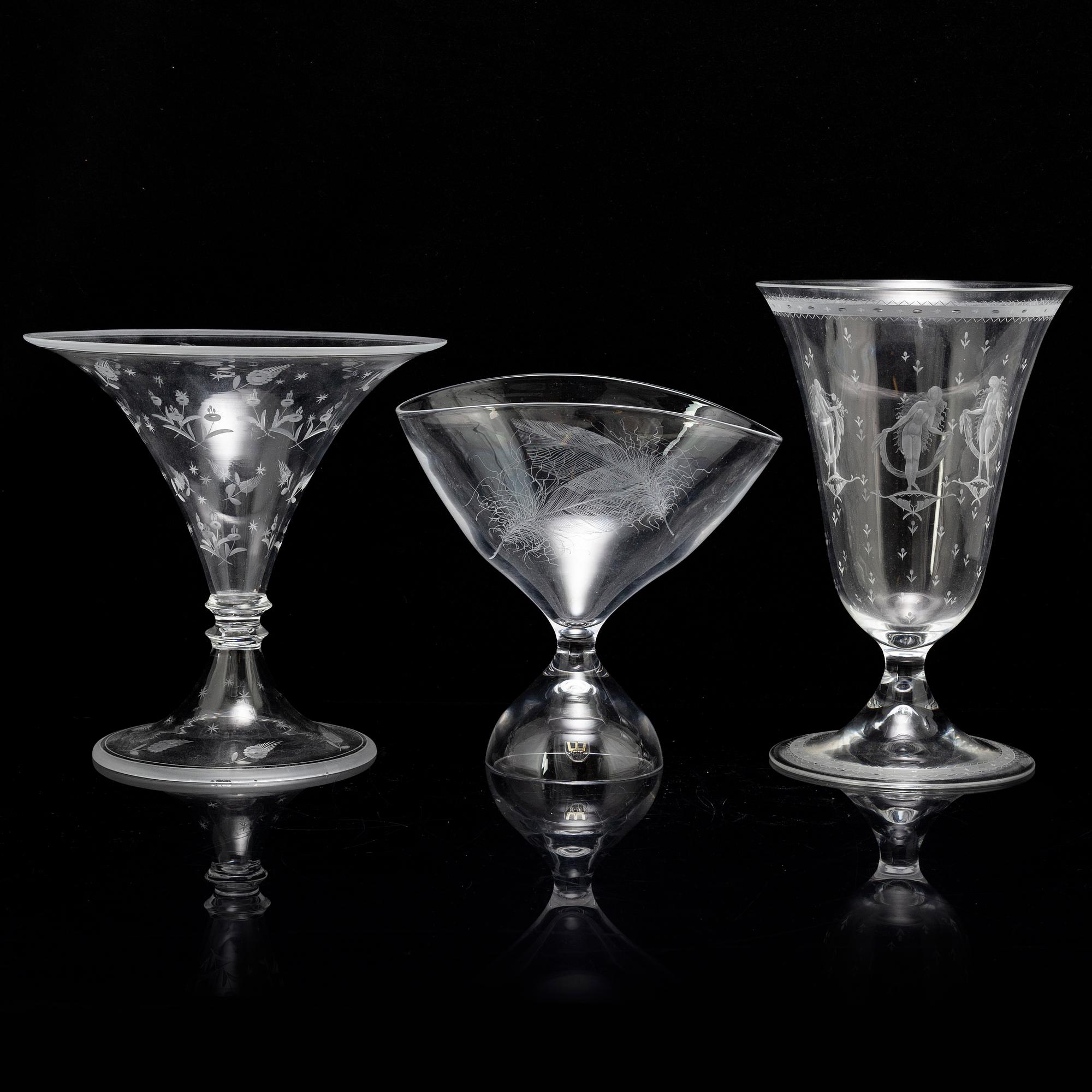 Three glass vases, from Orrefors and Kosta, first half of the 20th century.