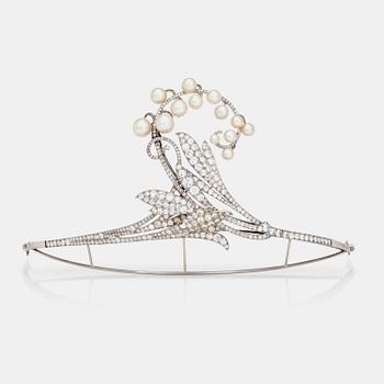 592. A tiara/brooch set with old cut diamonds and possibly cultured pearls, with noble provenance.