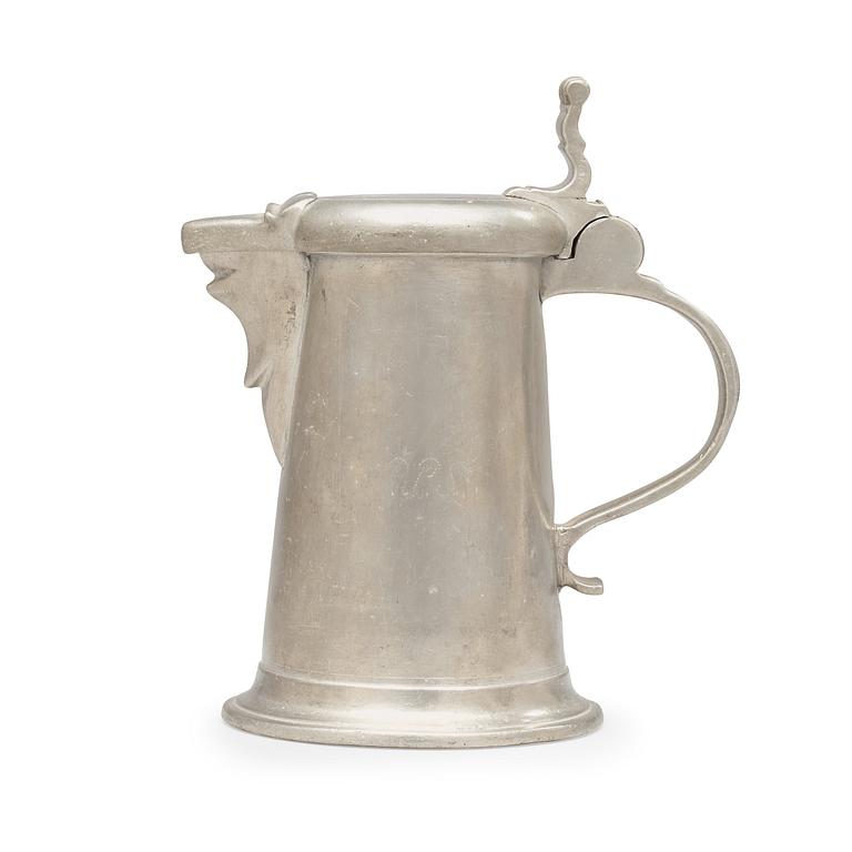 A pewter jug by J Ch Pohlitz 1727.