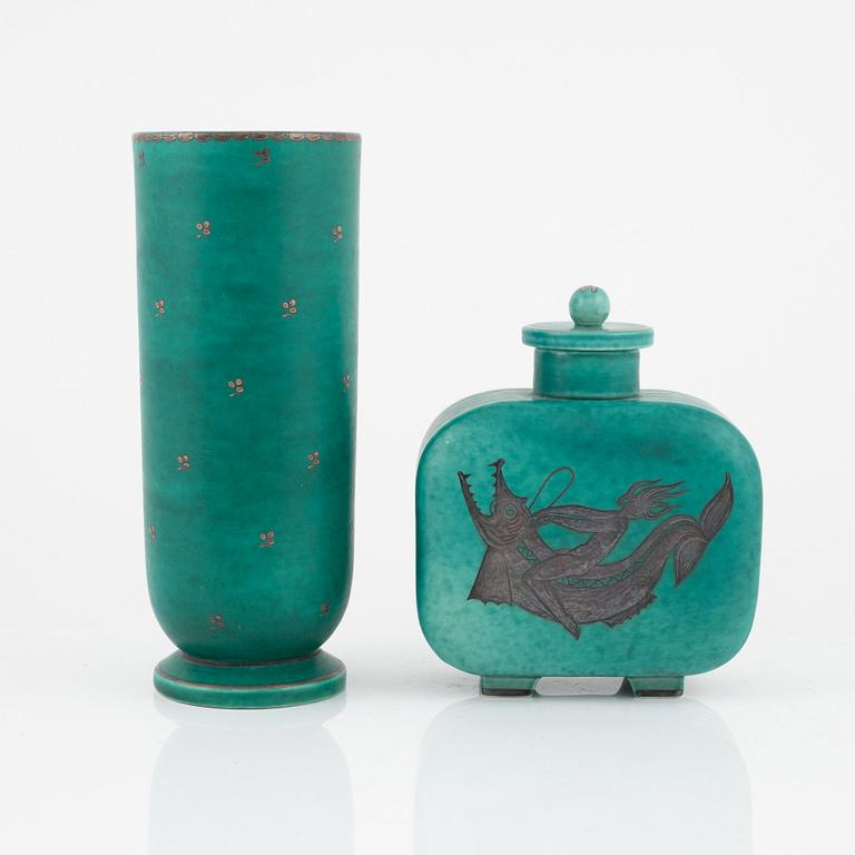 Wilhelm Kåge, a stoneware vase and a green vase with lid, 'Argenta', Gustavsberg.