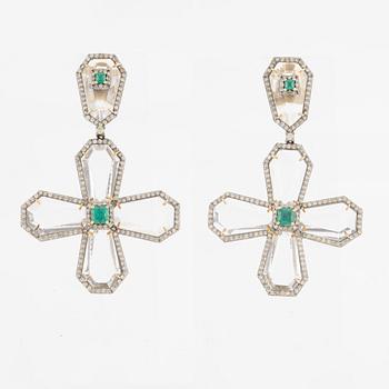 Earrings, 14K gold with rock crystal, emeralds, and diamonds.