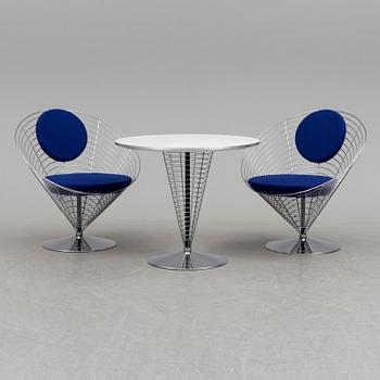 VERNER PANTON, PHILIPPE STARCK,  a set of two "Wire Cone" chairs and a table Fritz Hansen, late 20th century.