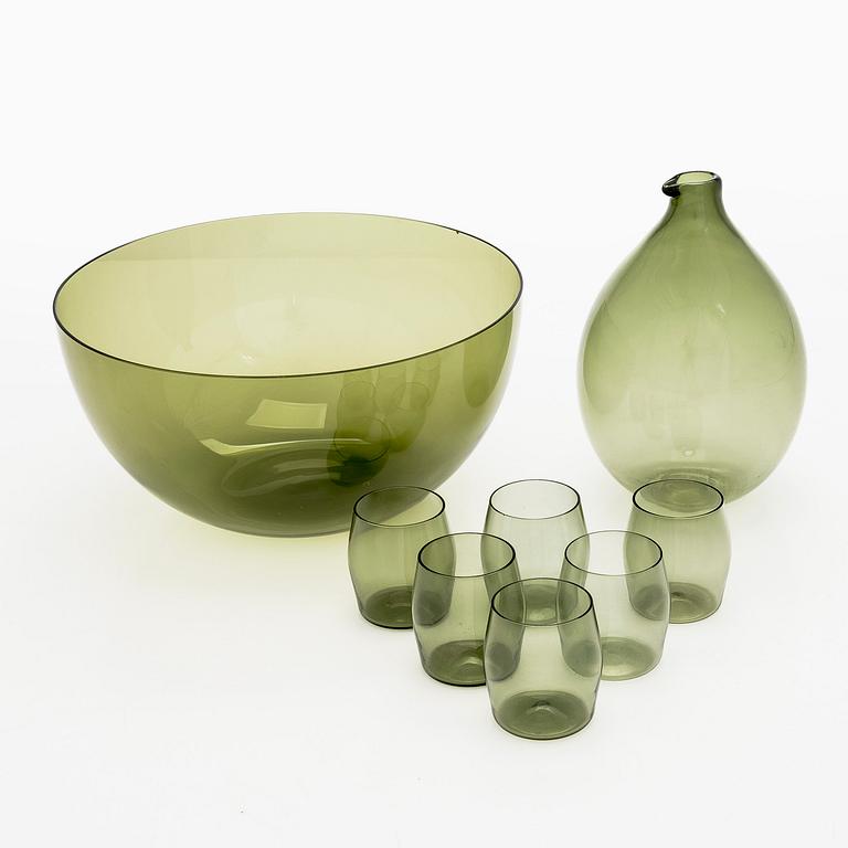 Timo Sarpaneva, Pullo "Lintupullo" sekä juomalaseja 6 kpl ja kulho, i-sarja, Iittala, Suomi, 1900-luvun puoliväli.